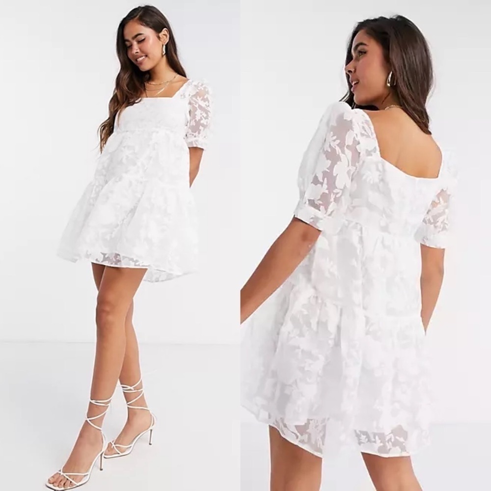 Fashion UnionSquare Neck sheer smock white floral lace Mini dress neck Size 8